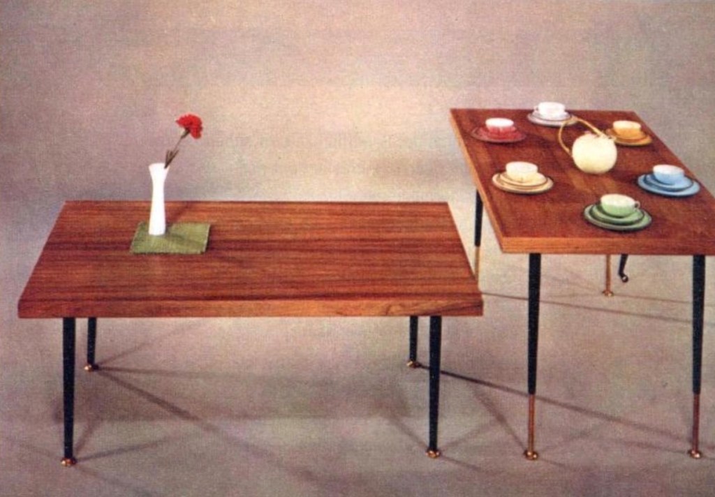 Vintage 1960s ILSE coffee tables with sleek wood surfaces, black metal legs, and brass accents.